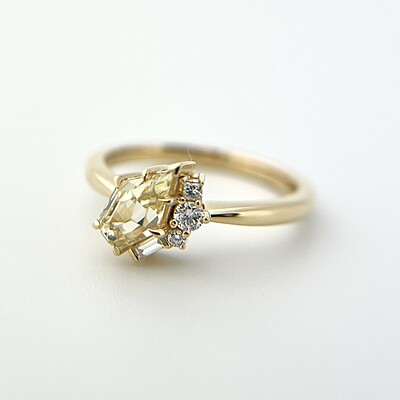 One of a Kind Shield Cut Yellow Sapphire and Diamond Ring