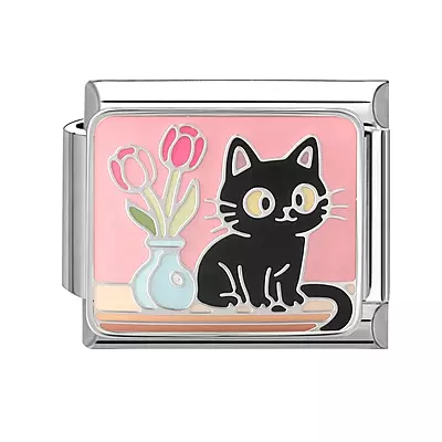 Black Cat with Flowers