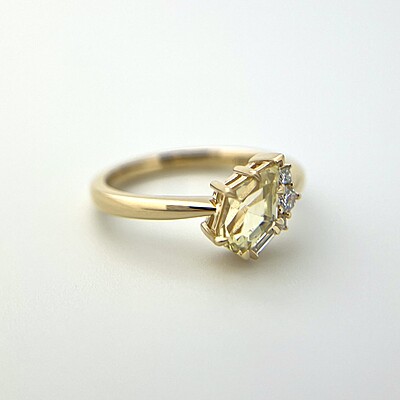 One of a Kind Shield Cut Yellow Sapphire and Diamond Ring