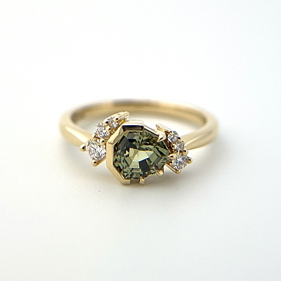 One of a Kind Geometric Trillion Cut Green Sapphire and Diamond Ring