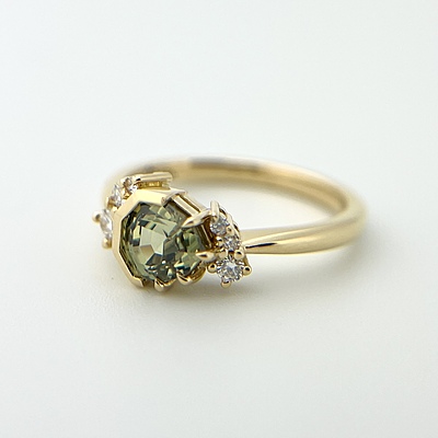 One of a Kind Geometric Trillion Cut Green Sapphire and Diamond Ring