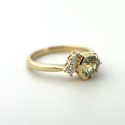 One of a Kind Geometric Trillion Cut Green Sapphire and Diamond Ring