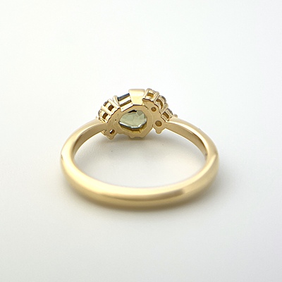 One of a Kind Geometric Trillion Cut Green Sapphire and Diamond Ring