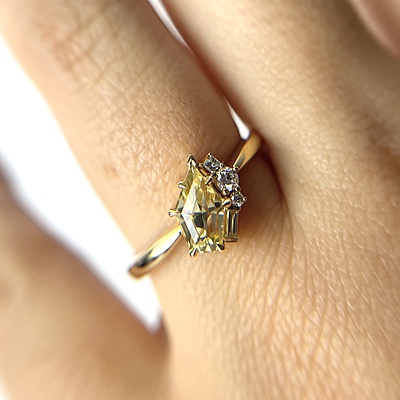 One of a Kind Shield Cut Yellow Sapphire and Diamond Ring