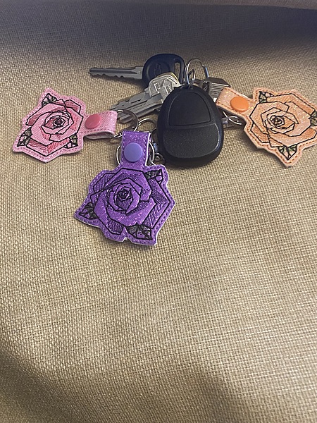 Geometric Rose Keychain: Embroidered Faux Leather Snap Tab