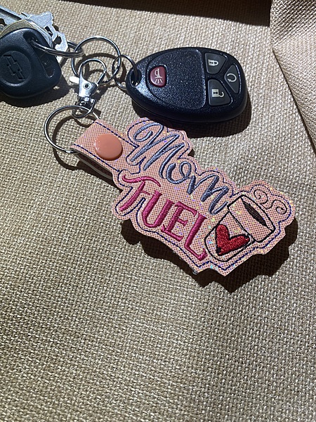 Mom Fuel Faux Leather Keychain: Embroidered Coffee Key Fob