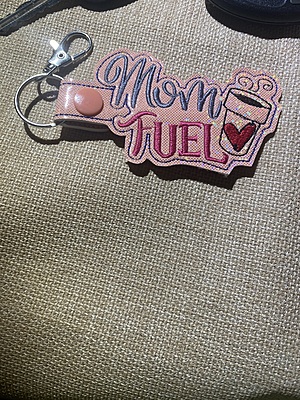 Mom Fuel Faux Leather Keychain: Embroidered Coffee Key Fob
