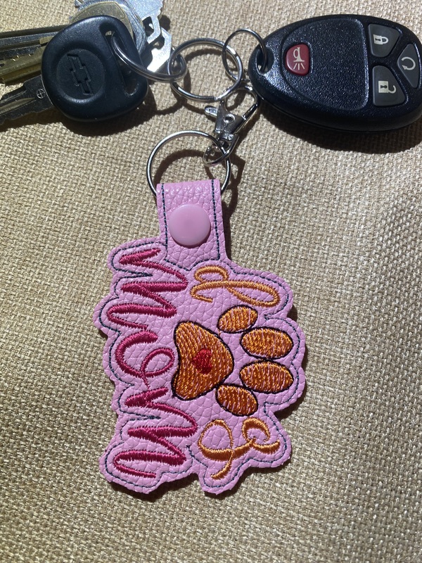 Dog Mom Keychain: Embroidered Faux Leather Snap Tab Key Fob
