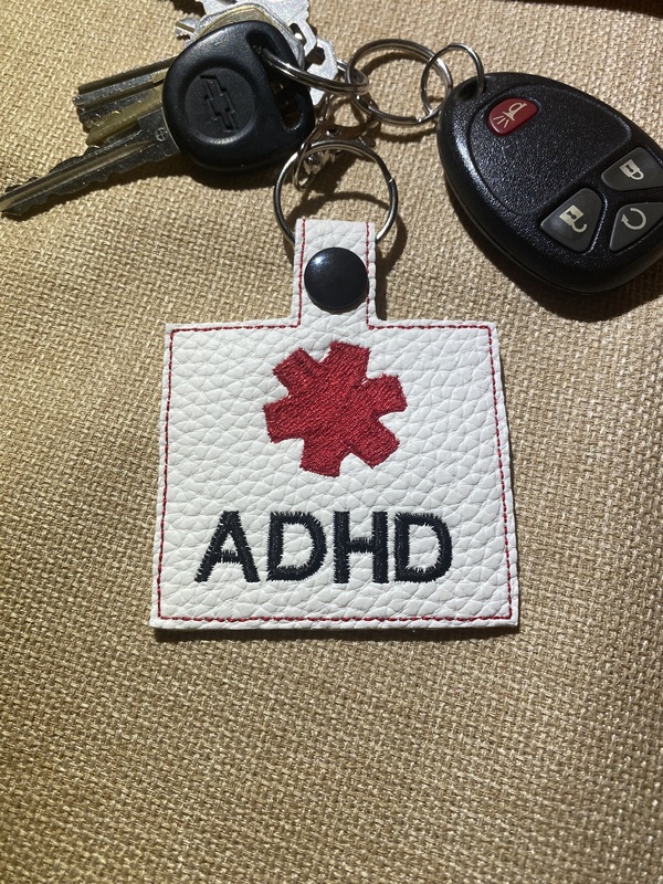 Medical Alert ADHD Faux Leather Keychain: Embroidered Snap Tab ID