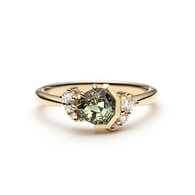One of a Kind Geometric Trillion Cut Green Sapphire and Diamond Ring