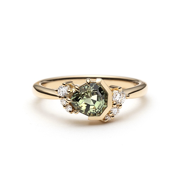 One of a Kind Geometric Trillion Cut Green Sapphire and Diamond Ring