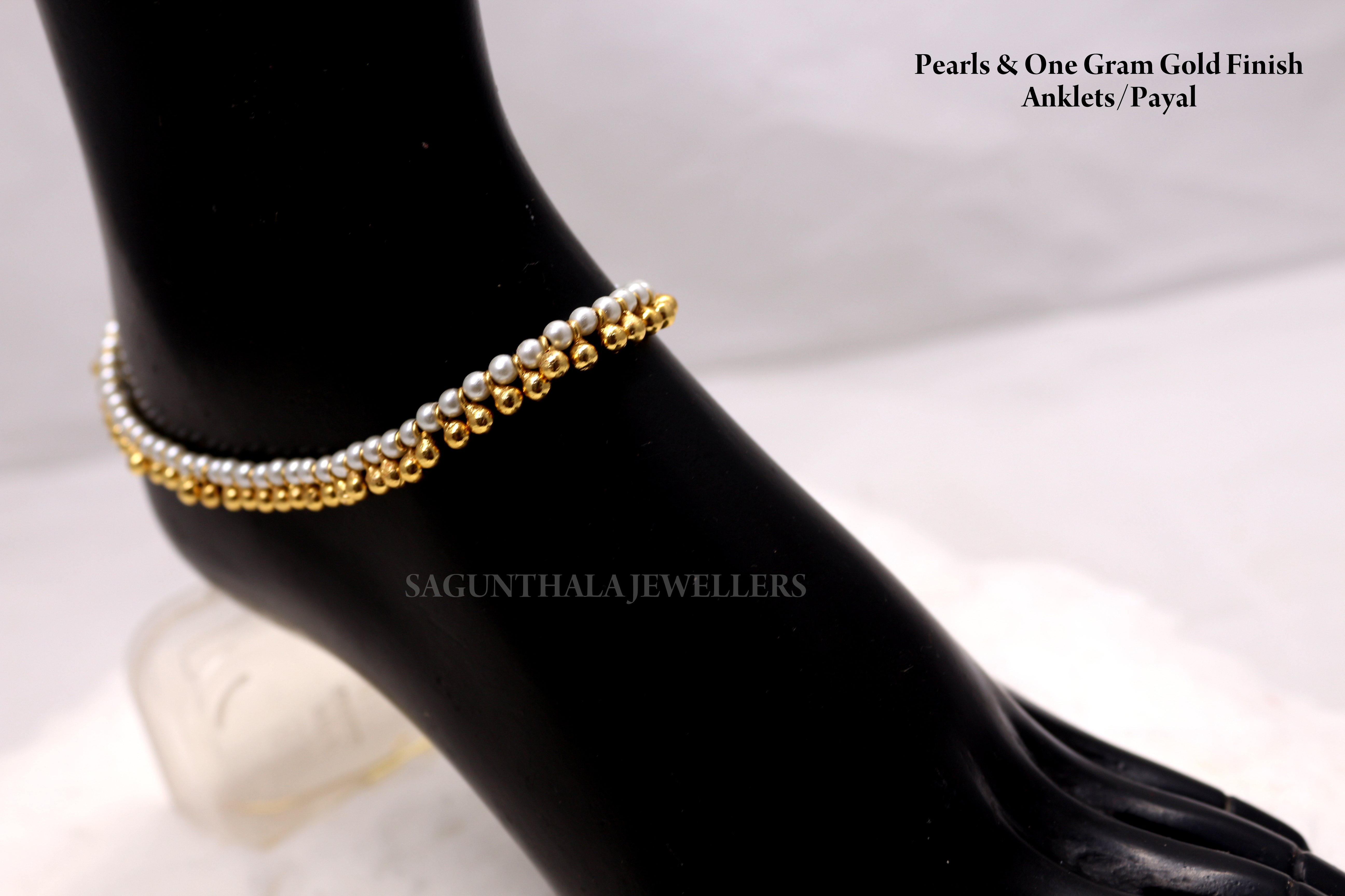 White Pearls & Gold Finish Balls Payal/Anklets