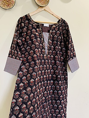 Ajrakh Hand Block Printed  Kurti with Beautiful Sequence work and Embroidered Neck and  Sleeves