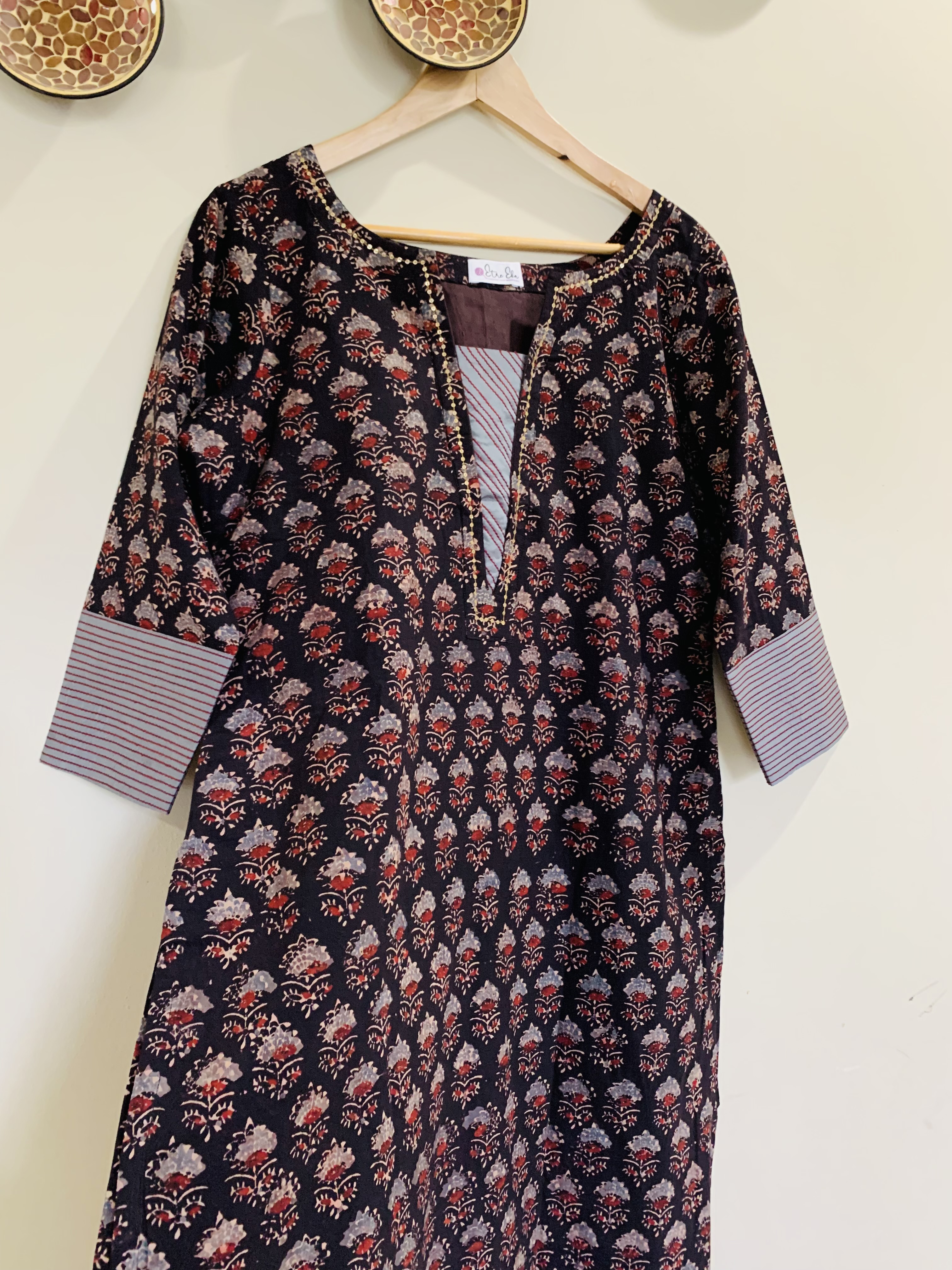 Ajrakh Hand Block Printed  Kurti with Beautiful Sequence work and Embroidered Neck and  Sleeves