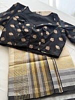 Kanchivaram Brocade Semi Silk -  Black with Elephant and Peacock weave pattern in Gold Zari