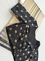 Kanchivaram Brocade Semi Silk -  Black with Elephant and Peacock weave pattern in Gold Zari