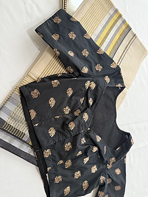 Kanchivaram Brocade Semi Silk -  Black with Elephant and Peacock weave pattern in Gold Zari