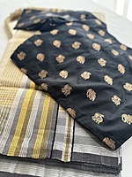 Kanchivaram Brocade Semi Silk -  Black with Elephant and Peacock weave pattern in Gold Zari