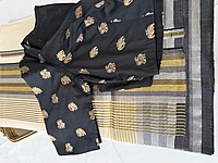 Kanchivaram Brocade Semi Silk -  Black with Elephant and Peacock weave pattern in Gold Zari