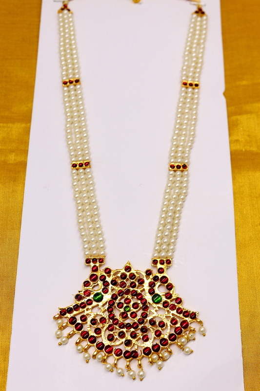 Temple Jewellery - Three Lines Pearls & Artificial Kempstones Haram with Pendant