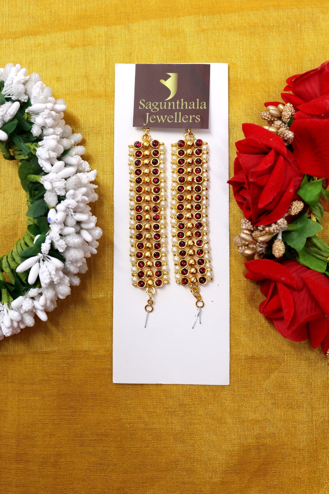 Brass Gold Plated Ear Mattal with Red Kemp Stones – Traditional Temple Jewellery for Brides & Dancers