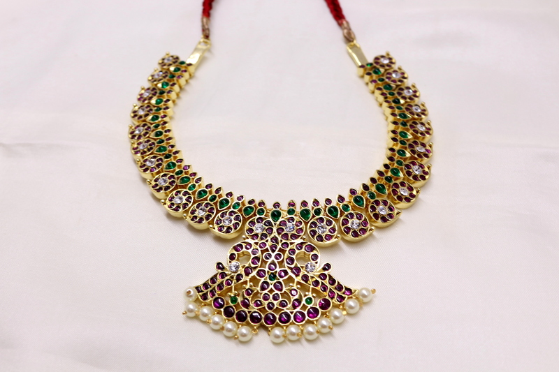 MARGAM TEMPLE JEWELLERY - MANGO PATTERN COPER & REAL KEMPSTONES NECKLACE