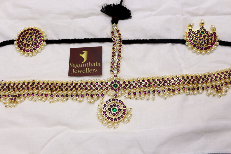 Margam Temple Jewellery – Copper & One Gram Gold Finish Full Real Kempstones Headset with Surya & Chandra Pirai/Sun & Moon