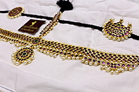 Margam Temple Jewellery – Copper & One Gram Gold Finish Full Real Kempstones Headset with Surya & Chandra Pirai/Sun & Moon