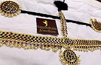 Margam Temple Jewellery – Copper & One Gram Gold Finish Full Real Kempstones Headset with Surya & Chandra Pirai/Sun & Moon