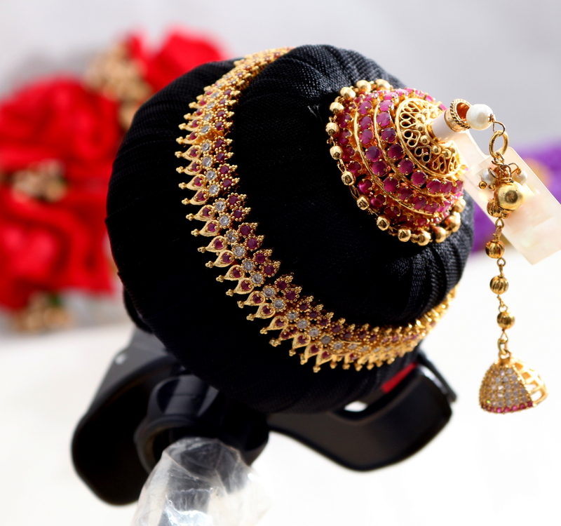 Andal Kondai - Ruby Stones With One Gram Gold Finish Ornamental Hair Accessory/Koppu