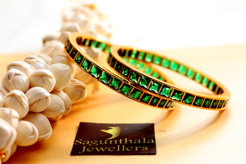 Sparkle Square One Gram Gold Bangles – Elegant Green CZ/AD Accents for Every Occasion!