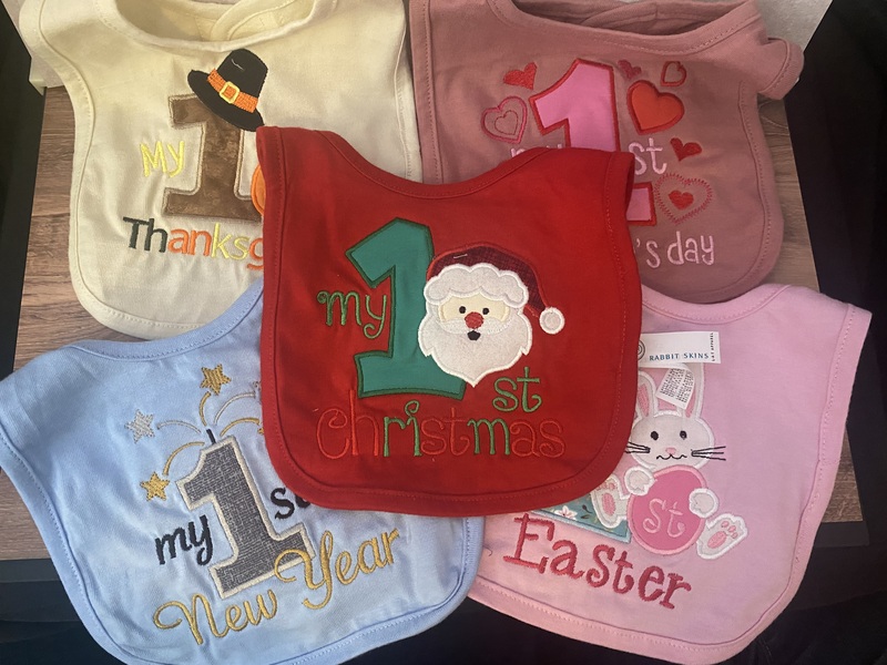Embroidered & Appliquéd “My 1st Holiday” Bib Set | Handmade  Gift | Cute Holiday Outfit Accessory | Shower Gift