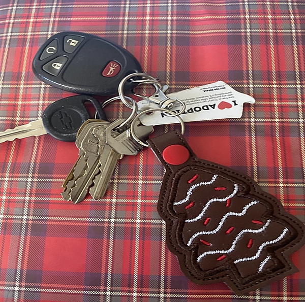 Chocolate Christmas Tree Snack Cake Faux Leather Keychain: Embroidered Key Fob