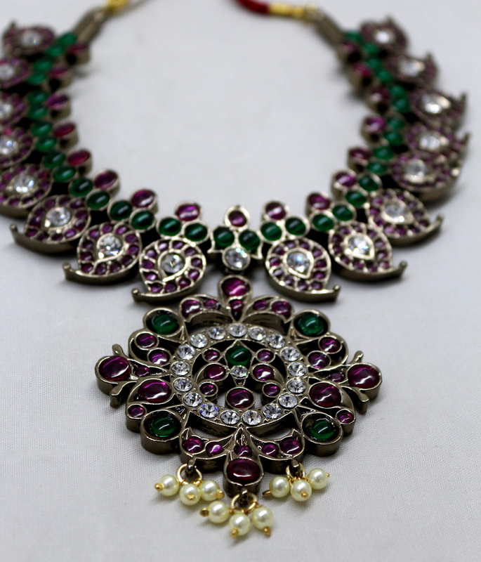 Margam Temple Jewellery โ Black Antique Finish Copper Base & Real Kempstones - Mango Pattern Necklace