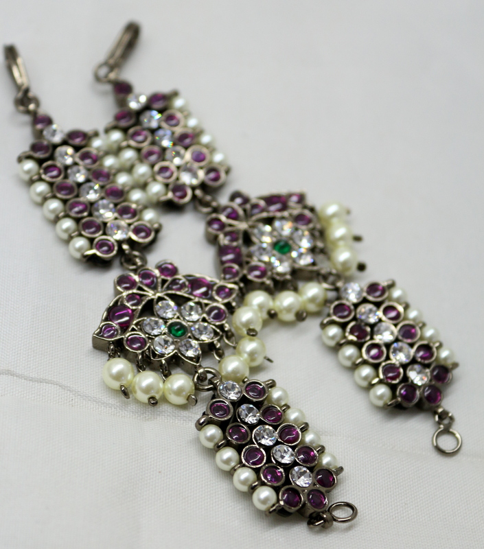 Margam Temple Jewellery โ Black Antique Finish Copper Base & Real Kempstones - Ear Mattal/Ear Chain