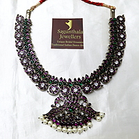 Margam Temple Jewellery β Black Antique Finish Copper & Real Kempstones - Mango Pattern Necklace
