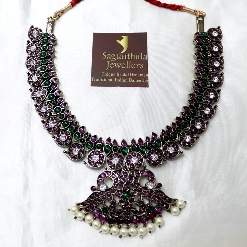 Margam Temple Jewellery β Black Antique Finish Copper & Real Kempstones - Mango Pattern Necklace