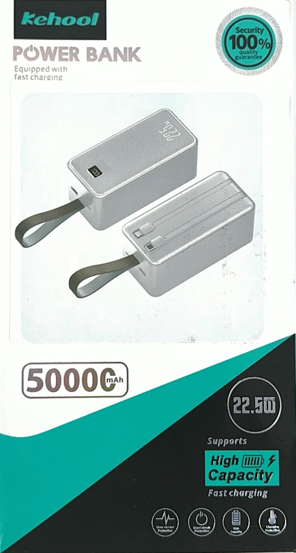 Kehool 50000mAh PD 22.5W Fast Charging Power Bank – Silver High Capacity Edition