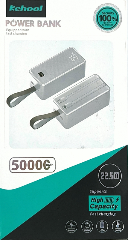 Kehool 50000mAh PD 22.5W Fast Charging Power Bank – Silver High Capacity Edition