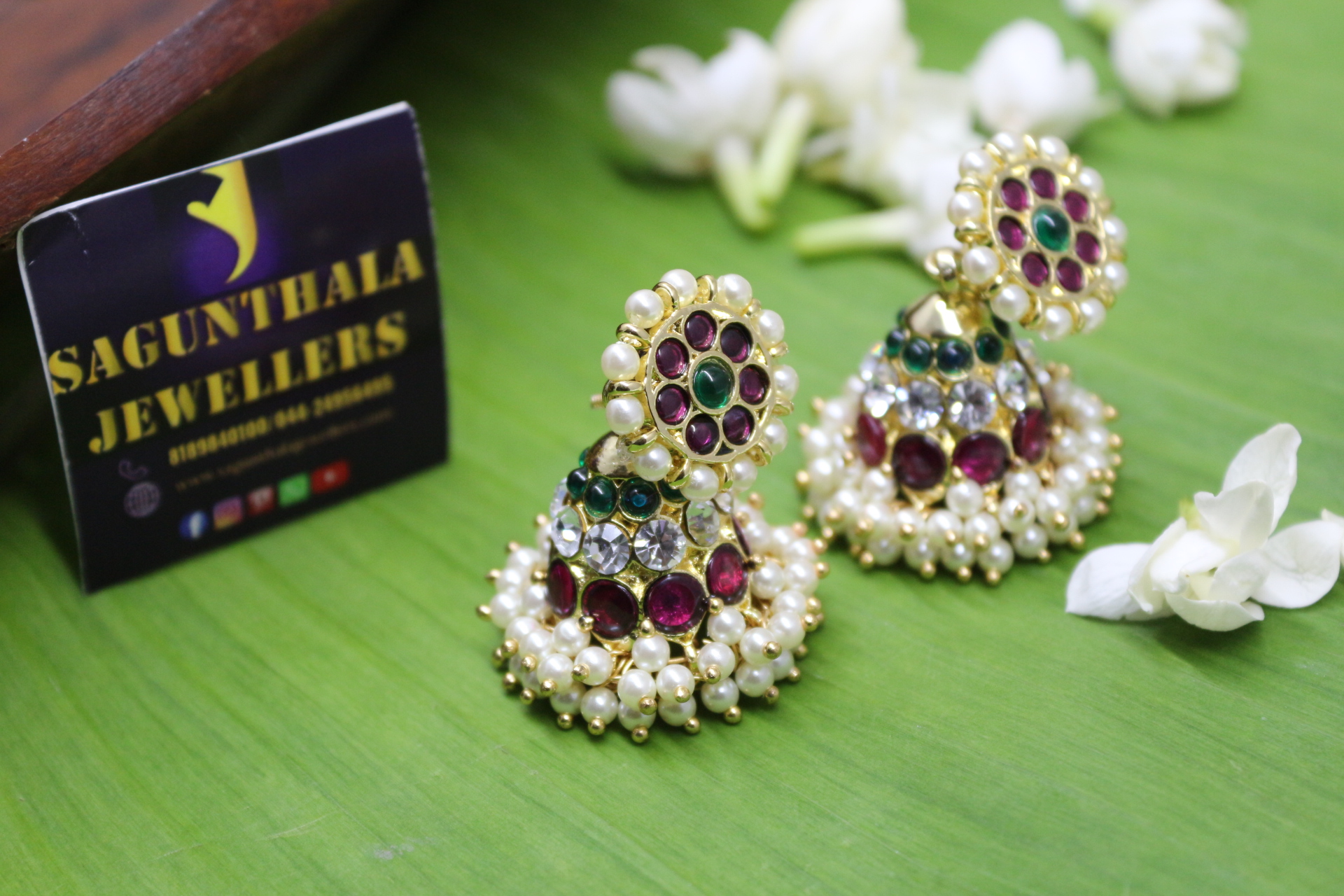 Margam Temple Jewellery - One Gram Gold Finish Copper & Real Kempstones Jhumkas/Jhimikki Earrings