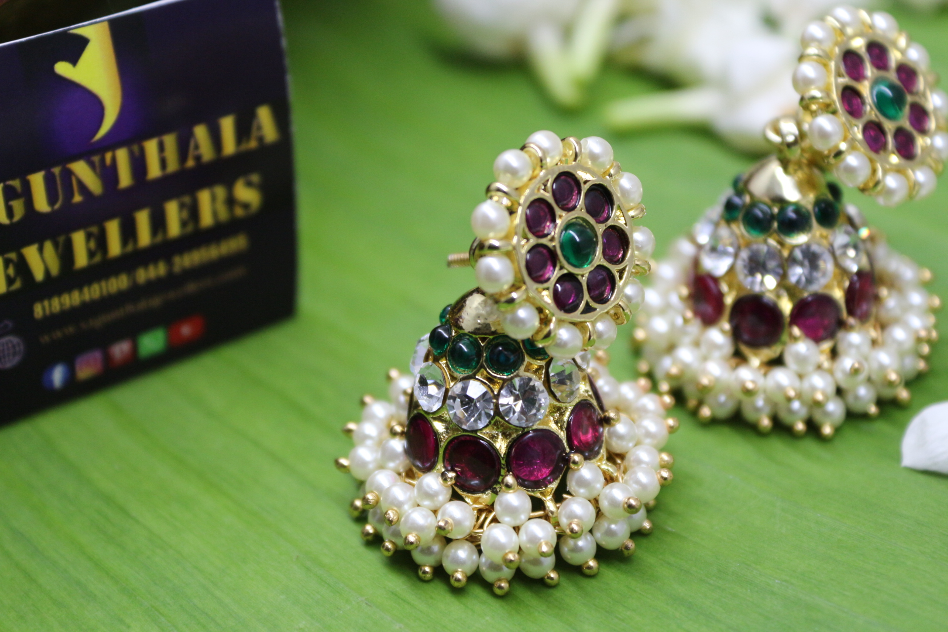 Margam Temple Jewellery - One Gram Gold Finish Copper & Real Kempstones Jhumkas/Jhimikki Earrings