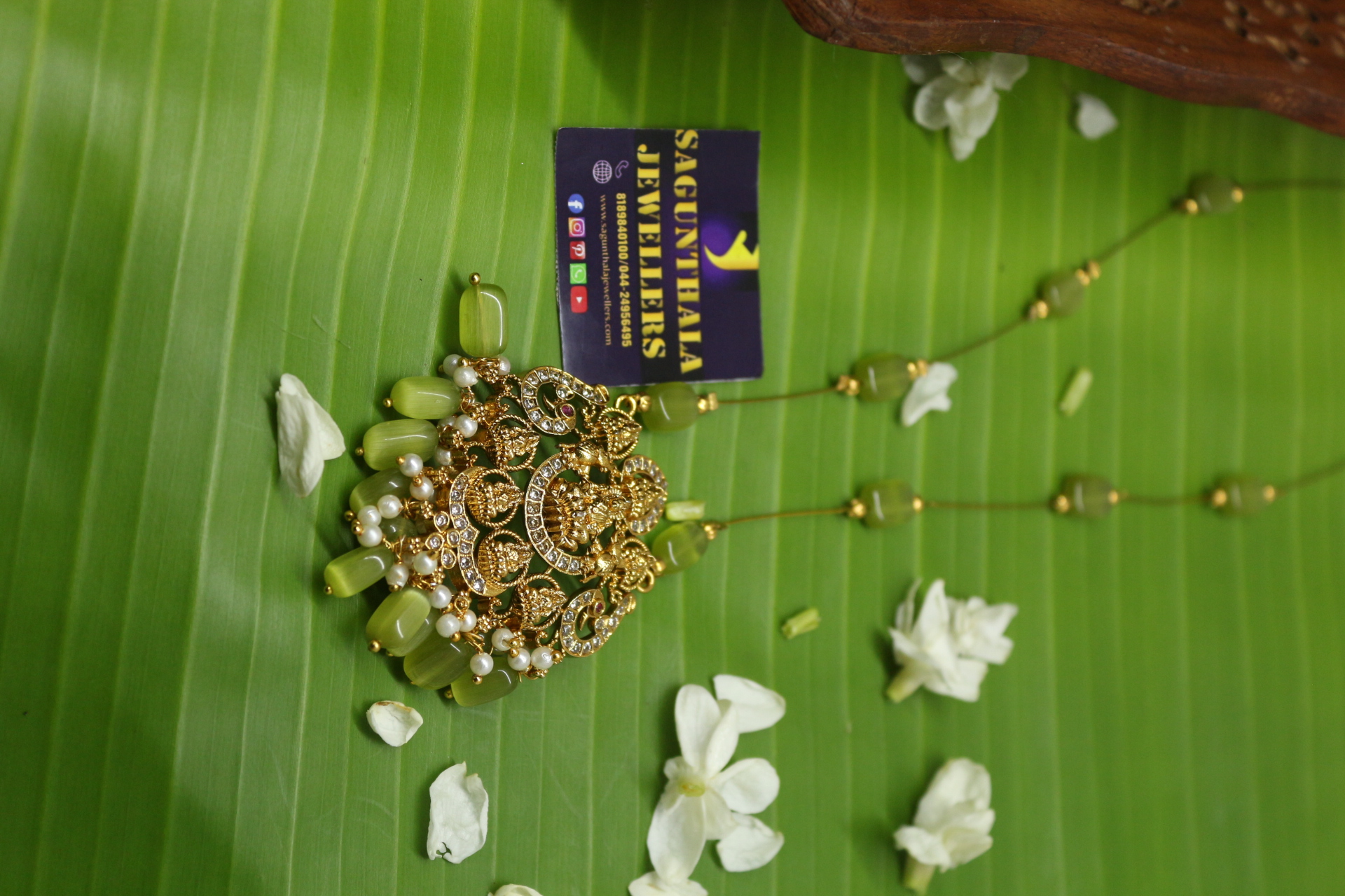 Invincible Chain – Grand Temple Necklace with Green Beads, CZ Stones & Pearls