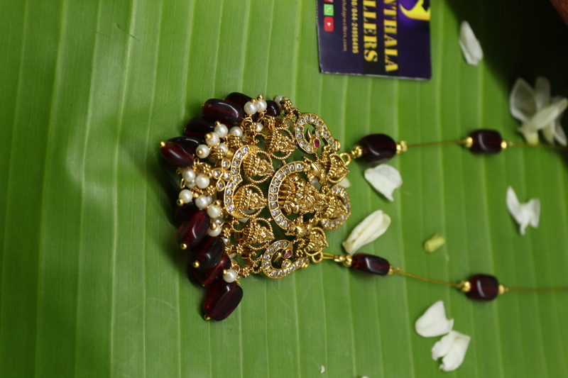 Invisible Chain – Grand Temple Necklace with maroon Beads, CZ Stones & Pearls