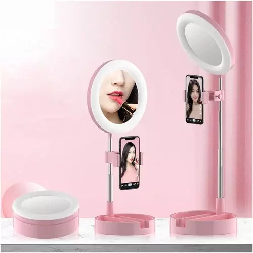 RING LIGHT STAND WITH MIRROR AND COSMETICS STORAGE