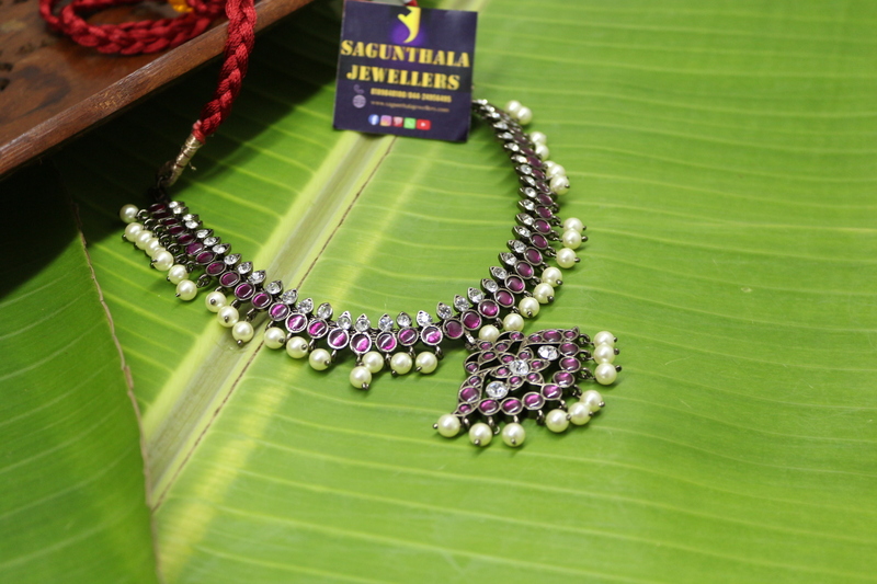 Black Antique  Kempstone Necklace with Pearl Drops – Traditional Temple Jewellery