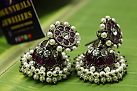 BLACK Antique Oxidised Jhumka Earrings with Ruby Kemp Stones & Pearl Hangings