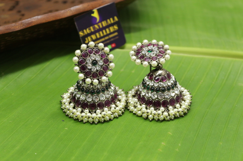5-Line black antique  Kempstone Bridal Jhumka Earrings with Pearls – Premium Temple Jewellery