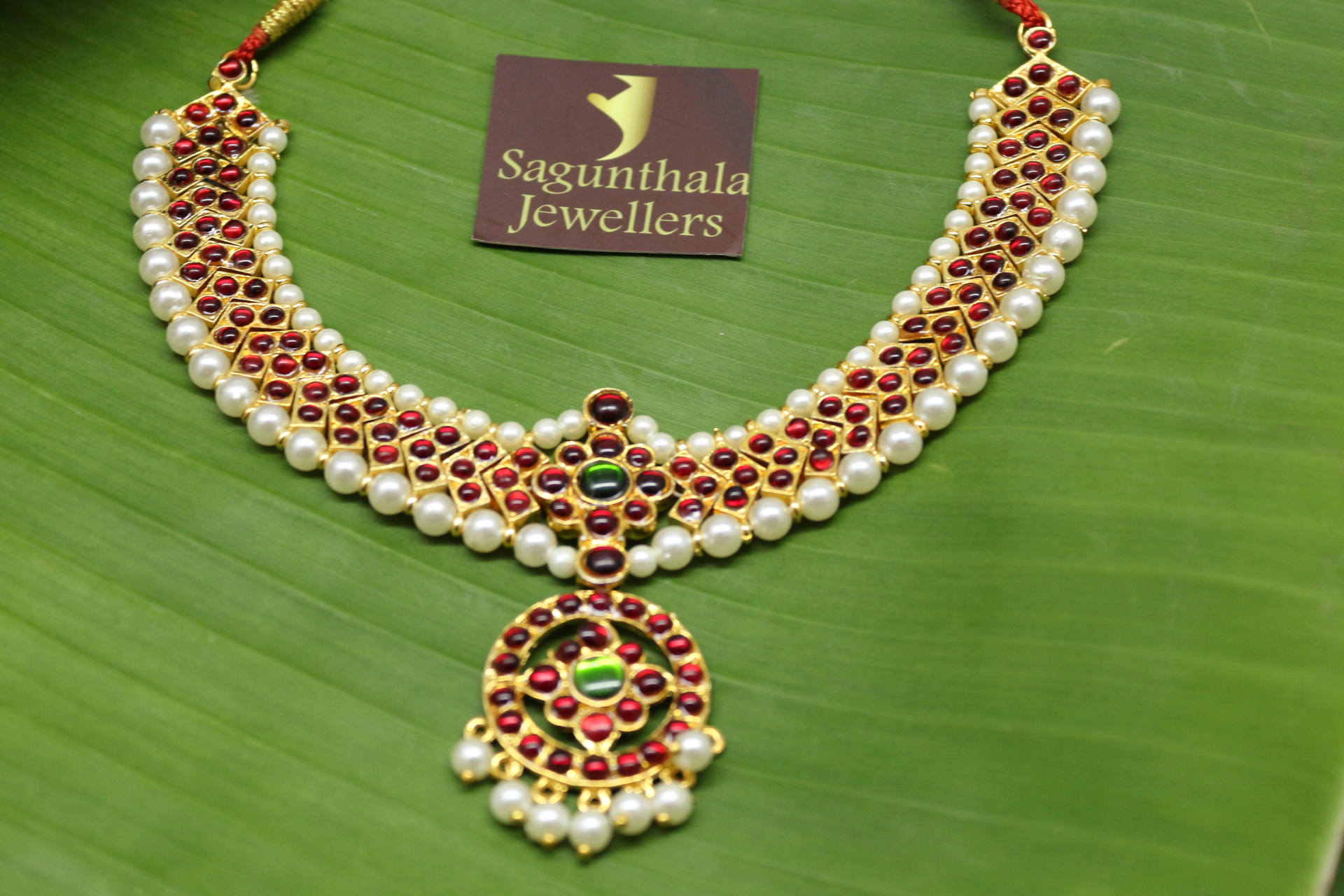Temple Jewellery - Brass Gold Finish & Full Red Kempstones Necklace - V Pattern