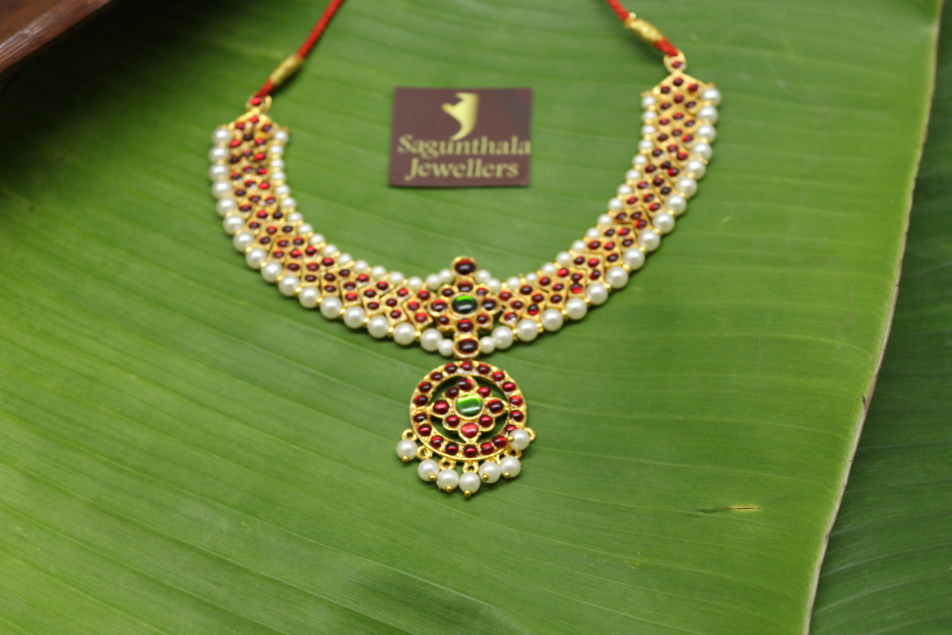 Temple Jewellery - Brass Gold Finish & Full Red Kempstones Necklace - V Pattern