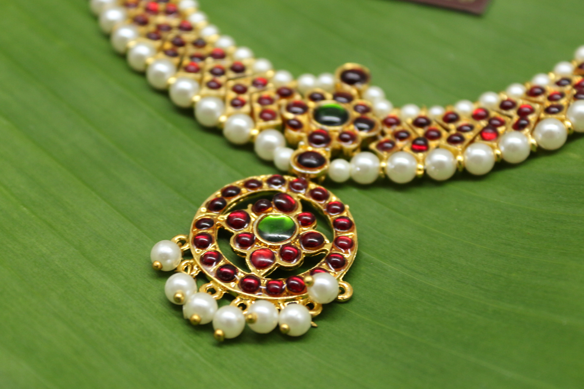 Temple Jewellery - Brass Gold Finish & Full Red Kempstones Necklace - V Pattern